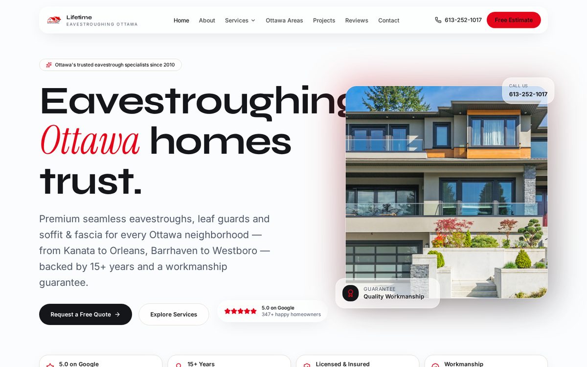 Lifetime Eavestroughing desktop website designed and built by Algorank