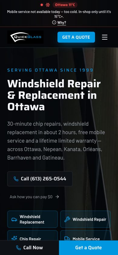 Quick Glass mobile website layout by Algorank